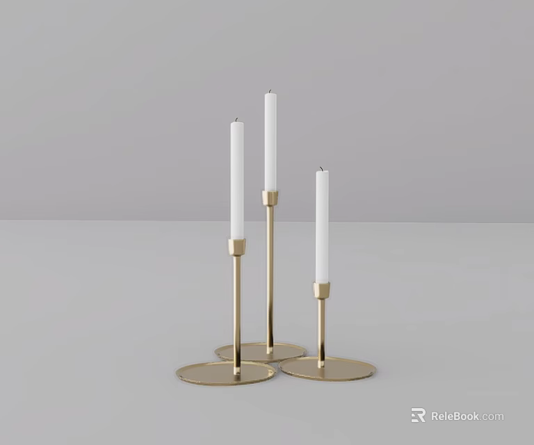 Modern Decorative Ornament Set With Three Golden Base Candle Holders And White Candles 3d model 