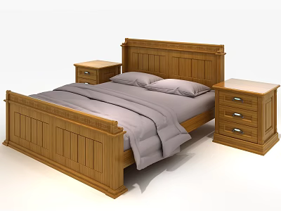 Classic Wooden Double Bed with Gray Bedding and Two Bedside Tables 3d model