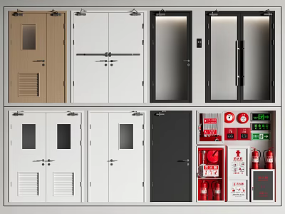Double And Single Swing Doors In White Black Brown With Glass Panels And Vents 3d model