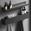 Organized Bathroom Accessories With Black Wall Shelves Towels And Toiletries Bottles