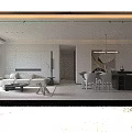 Modern Living Room Interior With Large TV Fireplace Beige Sofa And Mountain View