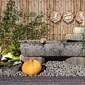 Rural Style Garden Ornament with Stone Structure Pumpkin Vegetables Green Plants Bamboo Background and Pebble Ground