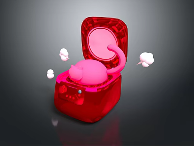 Red Box With Open Lid Containing Pink Cat And Floating White Clouds 3d model