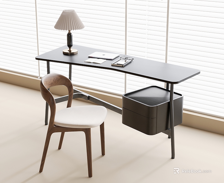 Modern Sleek Desk Setup with Table Lamp Open Notebook Pen Wooden Chair and Black Drawer Cabinet 3d model 