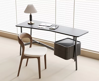 Modern Sleek Desk Setup with Table Lamp Open Notebook Pen Wooden Chair and Black Drawer Cabinet 3d model