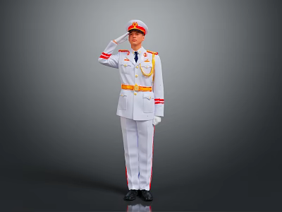 Person In White Military Uniform With Red Accents Saluting Wearing Hat 3d model