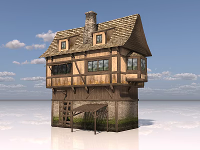 Ancient Architecture With Wooden Frame Stone Walls Sloped Roof And Small Windows 3d model