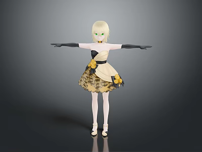Game Movie Character With Blonde Hair Green Eyes In Black And Gold Patterned Dress 3d model