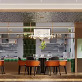 Modern Restaurant Interior Design With Ornate Ceiling Counter Chandelier And Green Plants