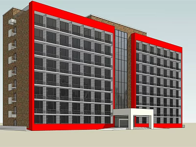 Modern Building With Red Brown Exterior Multiple Floors Large Windows Glass Wall And White Entrance 3d model
