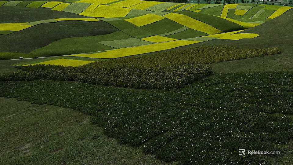 Scenic Rural Landscape with Rolling Yellow Rapeseed Fields and Green Layered Terrains 3d model 