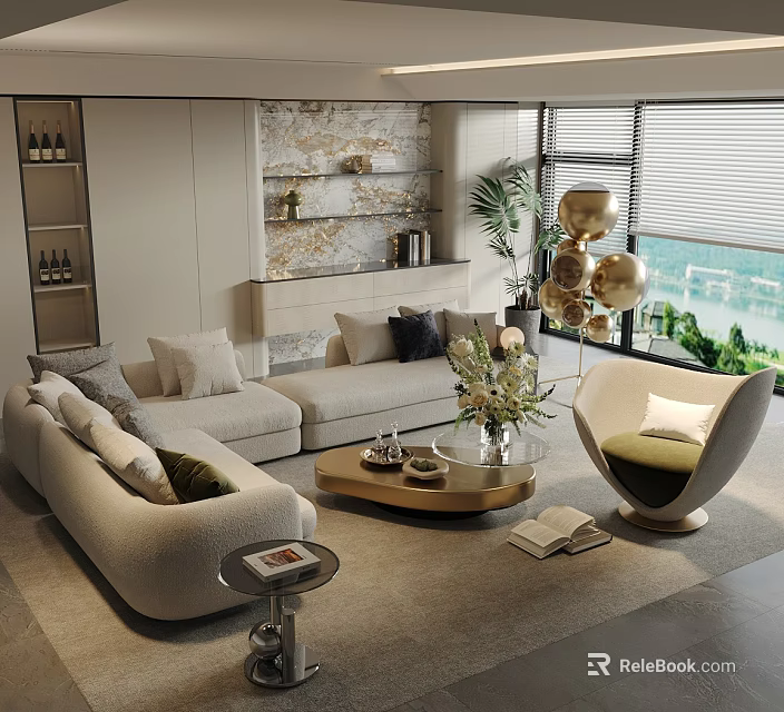 Modern Living Room Interior With Sofa And Coffee Table Set Potted Plant And Decorative Pieces 3d model 