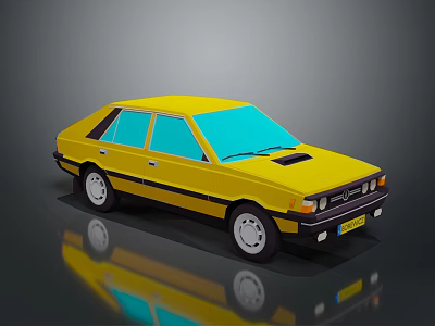 Yellow Classic Sedan With Blue Windows And Black Trim On Reflective Surface 3d model