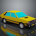 Yellow Classic Sedan With Blue Windows And Black Trim On Reflective Surface