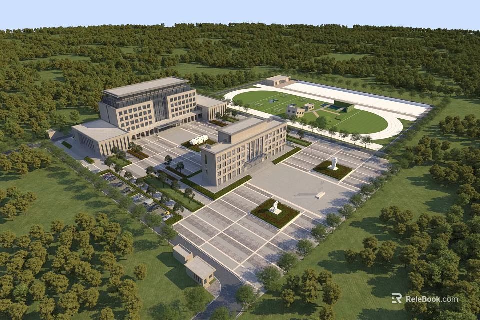 Aerial View Of Modern Large Administrative Office Campus With Spacious Plazas And Lush Green Surroundings 3d model 