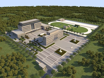 Aerial View Of Modern Large Administrative Office Campus With Spacious Plazas And Lush Green Surroundings 3d model