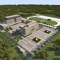 Aerial View Of Modern Large Administrative Office Campus With Spacious Plazas And Lush Green Surroundings