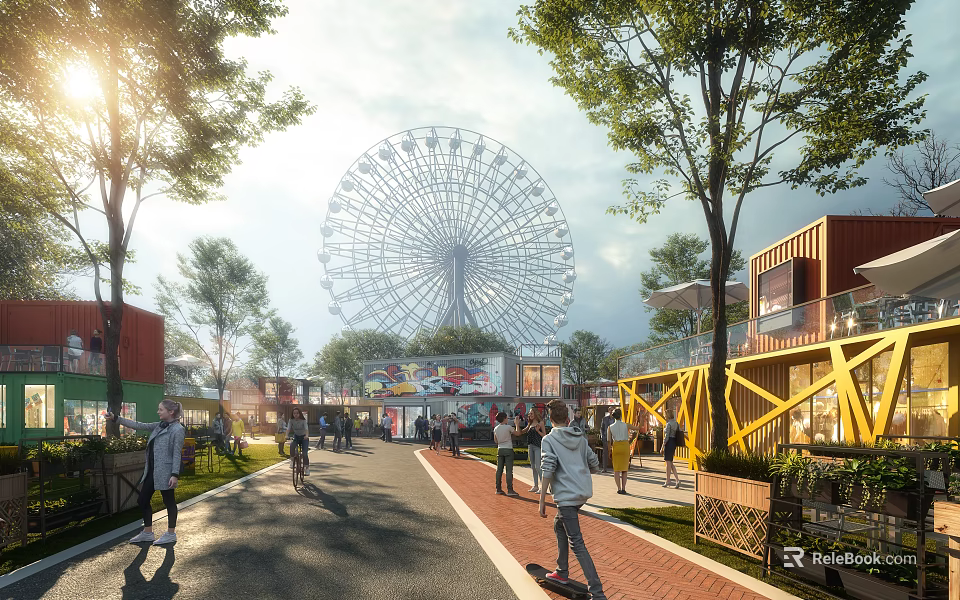 Vibrant Commercial Street With Giant Ferris Wheel Colorful Container Buildings Pedestrians Lush Trees And Sunlight 3d model 