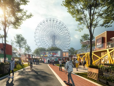 Vibrant Commercial Street With Giant Ferris Wheel Colorful Container Buildings Pedestrians Lush Trees And Sunlight 3d model