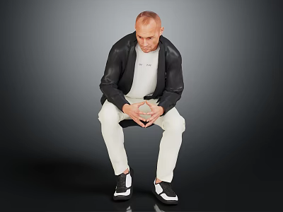 Stylish Man In Black Leather Jacket White T Shirt White Pants And Black Shoes 3d model