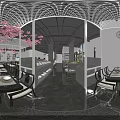 Modern Hotpot Restaurant Interior With Pink Cherry Blossom Decor Wooden Tables And Pendant Lights