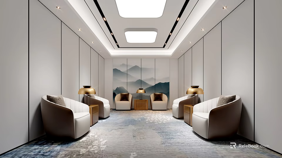 Hotel Public Lounge Area With Skylights White Walls Mountain Landscape Backdrop Beige Sofas And Carpets 3d model 