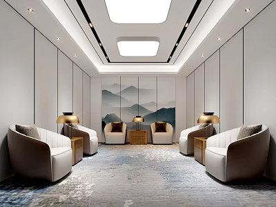Hotel Public Lounge Area With Skylights White Walls Mountain Landscape Backdrop Beige Sofas And Carpets 3d model