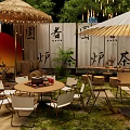 Japanese Style Café Outdoor Space With Straw Umbrellas White Parasols Wooden Deck And Green Plants