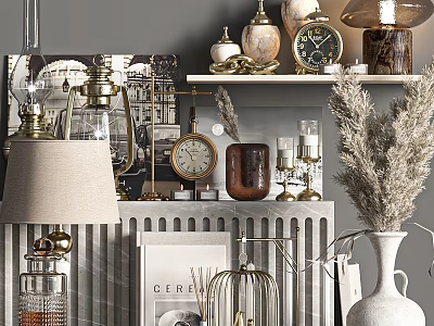 Elegant Decorative Ornament Set With Table Lamp Clock Vase Dried Plants On Marble Shelf 3d model