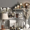 Elegant Decorative Ornament Set With Table Lamp Clock Vase Dried Plants On Marble Shelf