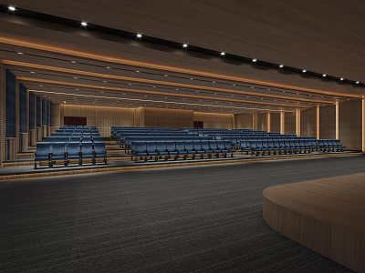 Spacious Conference Room With Blue Seats Wooden Ceiling And Stage Lighting 3d model