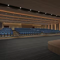 Spacious Conference Room With Blue Seats Wooden Ceiling And Stage Lighting