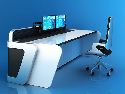 Modern Industrial Equipment Control Console With Dual Monitors Office Chair And Workstation Drawers 3d model