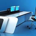 Modern Industrial Equipment Control Console With Dual Monitors Office Chair And Workstation Drawers