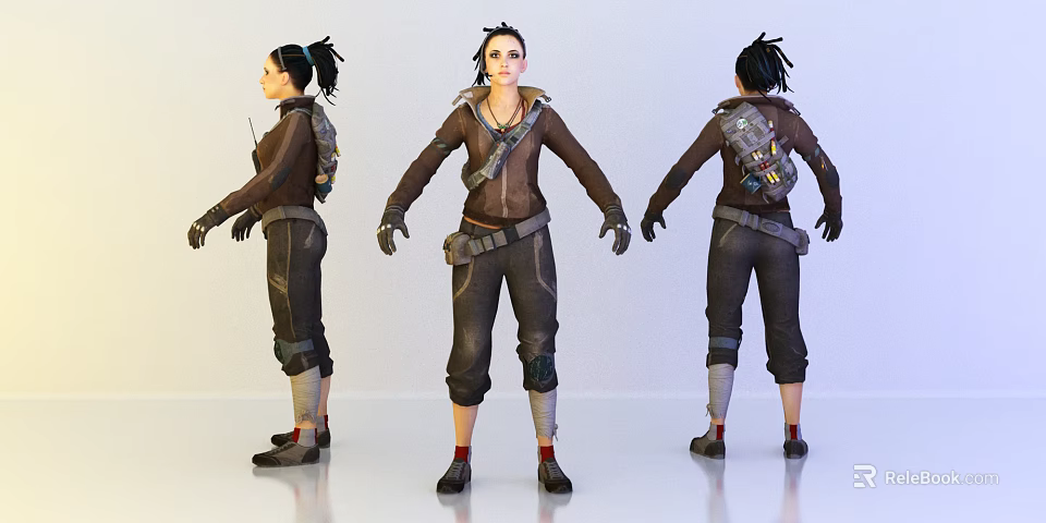 Game Character 3D Model Front Side Back Views Brown Jacket Backpack Gloves Braided Hair 3d model 