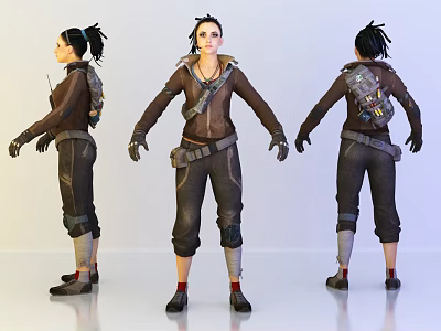 Game Character 3D Model Front Side Back Views Brown Jacket Backpack Gloves Braided Hair 3d model