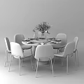 Modern Round Dining Table Set with Six Gray Chairs Green Plant Vase Tableware Wine Glasses
