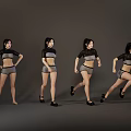 Women in sportswear showing dynamic poses from standing to running against gray background