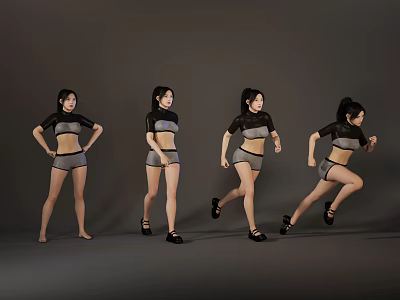 Women in sportswear showing dynamic poses from standing to running against gray background 3d model