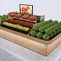 Wooden Display Shelf with Various Fresh Fruits Arranged and Screen Showing Fruit