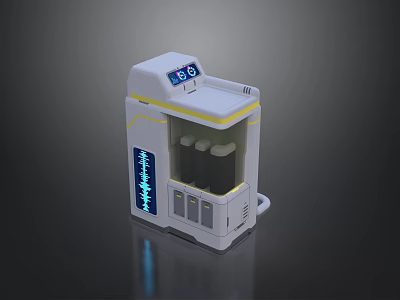 Art Installation With White And Yellow Design Blue Waveform Display Screen And Black Cylindrical Objects 3d model