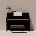 Stylish Black Musical Instrument Piano Featuring Sheet Music Bench And Decorative Green Plant Vase