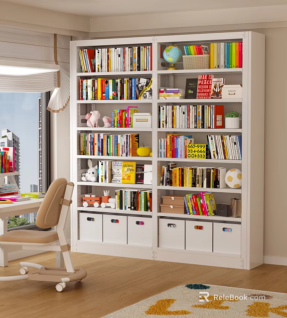 White Bookshelf With Colorful Books Decorations And Storage Boxes In Study Area 3d model 