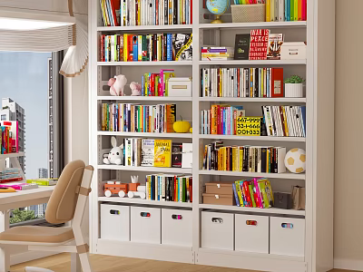 White Bookshelf With Colorful Books Decorations And Storage Boxes In Study Area 3d model