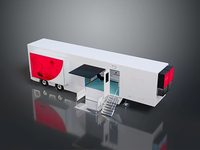 White Mobile FESTA Exhibition Trailer With Red Accents Open Design And Staircase 3d model