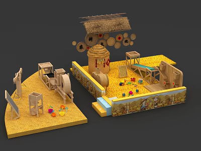 Kids Playground With Straw Roof Wooden Structures And Colorful Toys On Yellow Floor 3d model