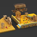 Kids Playground With Straw Roof Wooden Structures And Colorful Toys On Yellow Floor