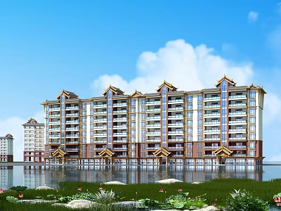 Multi Storey Residential Building With Traditional Style Roof By Waterfront And Green Lawn 3d model