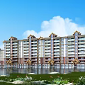 Multi Storey Residential Building With Traditional Style Roof By Waterfront And Green Lawn
