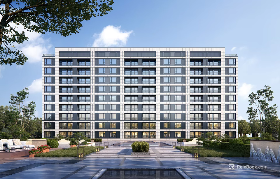Modern Mid Rise Residential Building Exterior With Landscaped Square Water Feature And Greenery 3d model 